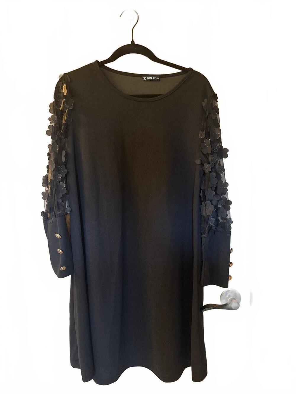 Black Long Sleeve Dress with Floral Applique Sleeves and Button Detail